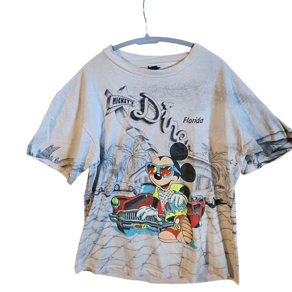 Vintage 90's Mickey's Diner Florida Graphic Tee t-shirt all over print XL Disney - Picture 1 of 5